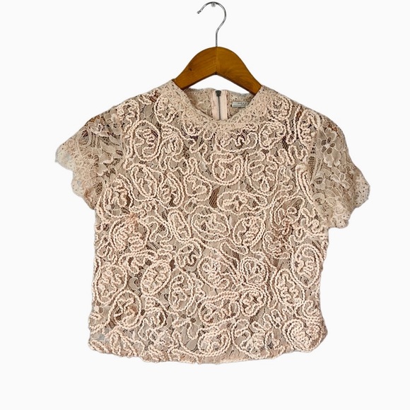 ZARA Trafaluc Rose Peach Pink Lace Crochet Embroidered Short Sleeve Top - Picture 7 of 7